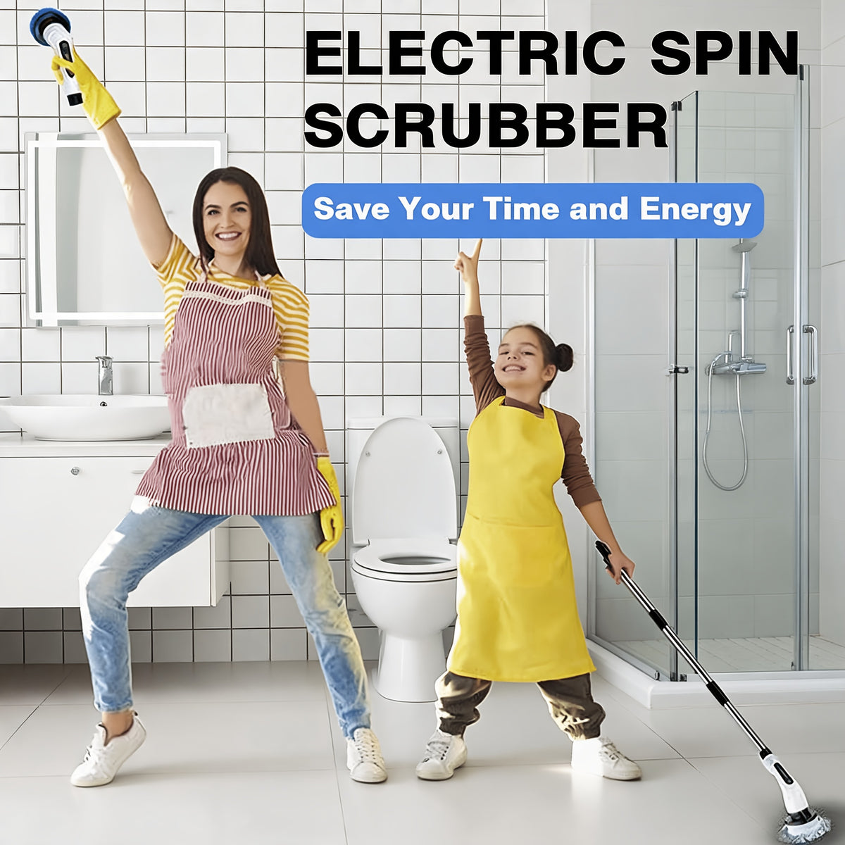 Cordless Electric Spin Scrubber – USB Rechargeable Cleaning Brush with 7 Replaceable Brush Heads & Detachable Telescopic Handle for Bathroom, Bathtub, Shower, Tiles, Floors, Kitchen & Car Cleaning