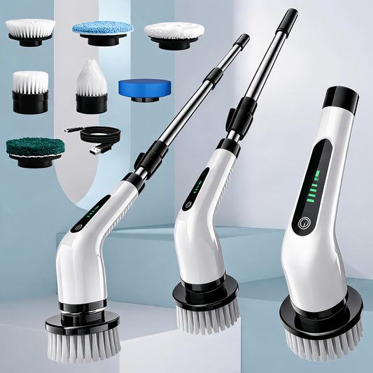 Cordless Electric Spin Scrubber – USB Rechargeable Cleaning Brush with 7 Replaceable Brush Heads & Detachable Telescopic Handle for Bathroom, Bathtub, Shower, Tiles, Floors, Kitchen & Car Cleaning