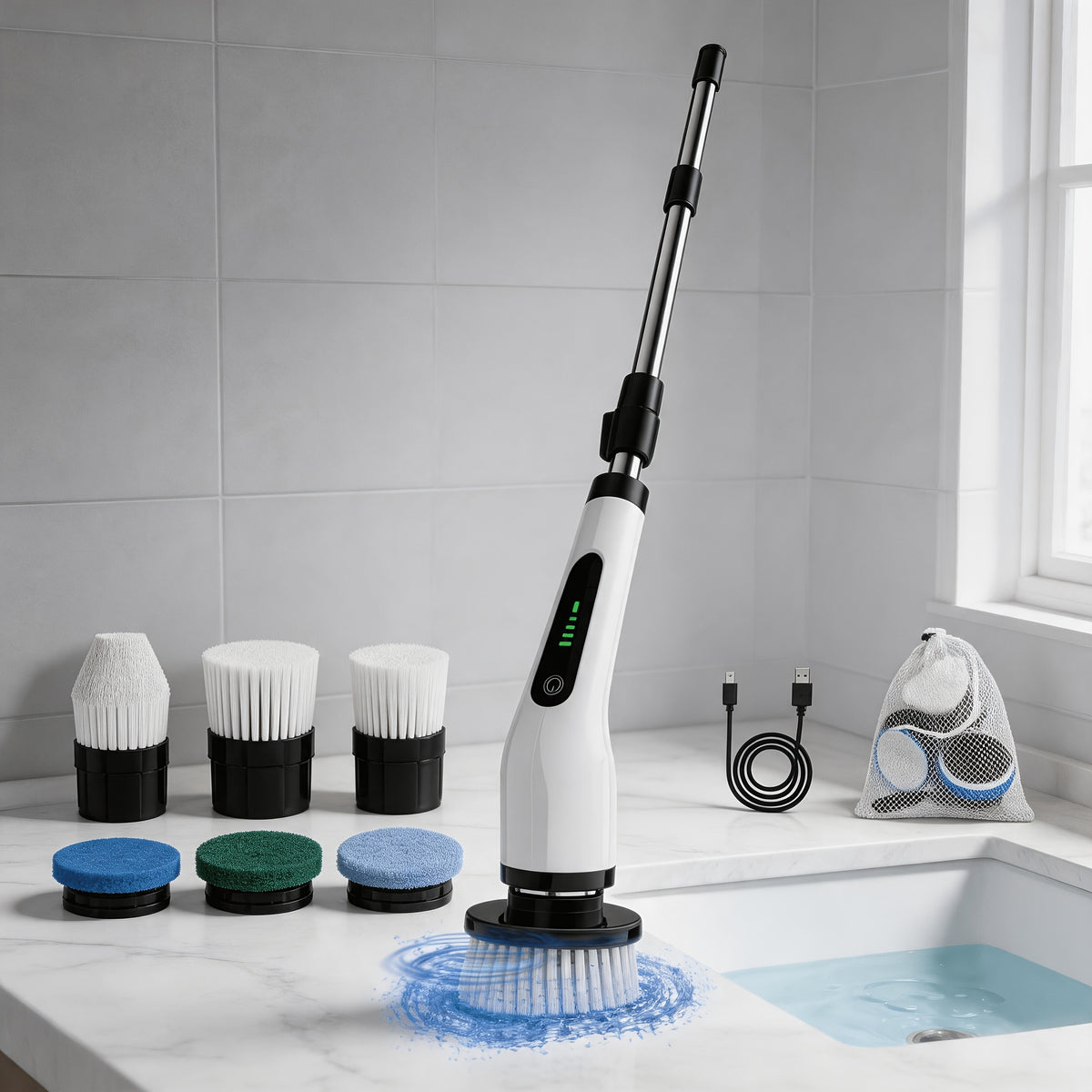 Cordless Electric Spin Scrubber – USB Rechargeable Cleaning Brush with 7 Replaceable Brush Heads & Detachable Telescopic Handle for Bathroom, Bathtub, Shower, Tiles, Floors, Kitchen & Car Cleaning