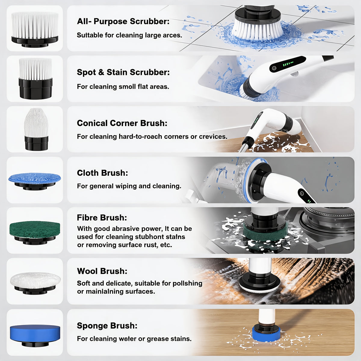 Cordless Electric Spin Scrubber – USB Rechargeable Cleaning Brush with 7 Replaceable Brush Heads & Detachable Telescopic Handle for Bathroom, Bathtub, Shower, Tiles, Floors, Kitchen & Car Cleaning